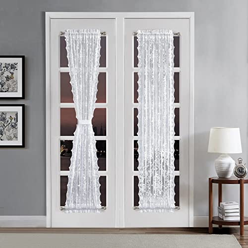LINENZONE Pair of Premium Lace French Door Curtains or Sidelight Door Curtains with 2 Tiebacks. Short Width Semi Sheer Glass Door Curtains Feature Rustic English Rose Design. (Luna 30 x 72, White)