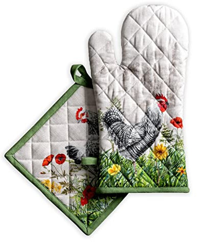Maison d' Hermine Basse Cour Ensemble Comprenant 1 Gant de Cuisine 100% Coton (19cm x 33cm) et 1 manique (20cm x 20cm) pour Barbecue, Cuisson, grillade, Micro-Ondes, Printemps et été