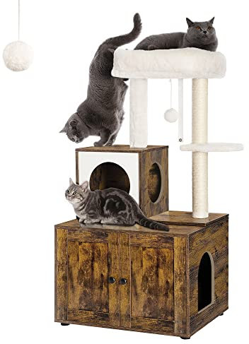 FourFurPets Multipurpose Litter Box Enclosure with Cat Tree and Condo, Side Table, with Large Platform, Cat House, Full Sisal Posts, Removable Washable Cushion, Rustic Brown