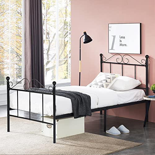 FetiNes Metall Einzelbett Bettgestell Metallbett Bettrahmen mit Lattenrost, Bett für Schlafzimmer Gästezimmer, 90x190 cm Schwarz