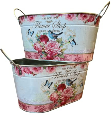 Printed Metal Plant Pot with Handles (2 pieces) – Galvanized Garden Storage Bucket for Indoor & Outdoor Gardening (Oval Shaped) – Metal Tin Herb Flower Planter Pots (Miss Sophies Design)