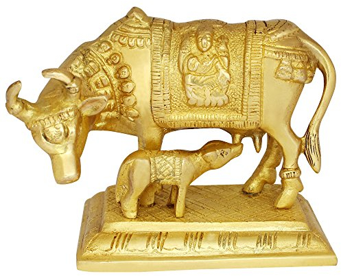 Showpieces for Living Room Brass Metal Kamdhenu Cow with Calf Statue Home Decoration Gifts by Indian Collectible