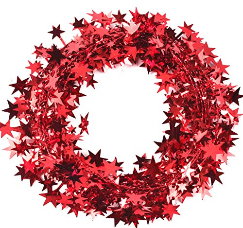 22,5m Stern Weihnachtsbaum Lametta Girlande,Weihnachtsdeko Lametta Draht Folien Girlande Banner Hängedeko Tischdeko für Party Weihnachten Geburtstag Jubiläum Silvester Karneval Fasching Deko,Rot