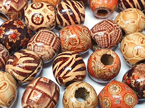 50stk Natur Holzperlen, 16mm Holz Perlen, zum auffädeln Holzkugeln Runde Mix Ethnisches Motiv zum Basteln 5mm großes loch Spacer Zwischenperlen