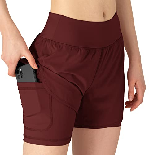 YSENTO Damen Sport Shorts Sommer 2 in 1 Kurze Sport Training Jogging Fitness Lauf Yoga Hose Schnelltrocknende mit Tasche(Wein rot,XL)