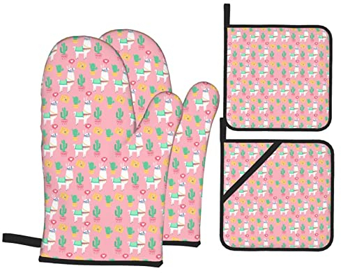 Gant Et Manique 4 Pièces, Rigolote, Chameau, Cactus, Coeur Amour Gants De Four Et Maniques Imprimer 2 Cuisson Gant À Four + 2 Manique Coton Doublure Gants De Four, pour Griller, Four