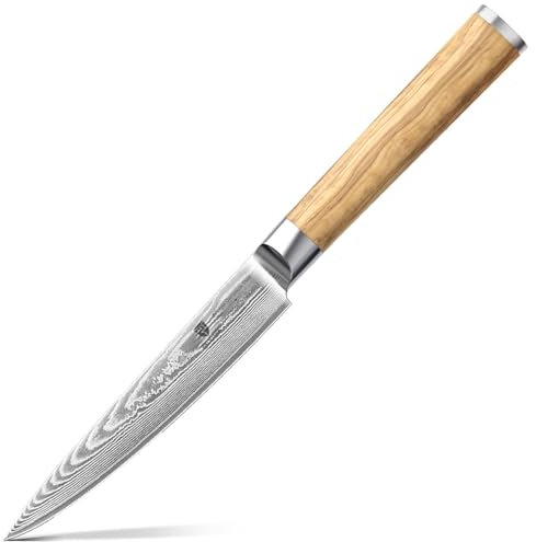BRODARK Damaszener Gemüsemesser 5,5 Zoll,Professionelles japanisches Gebrauchsmesser mit Olivenholzgriff,Ultra scharfes Obstmesser,Küchenhelfer für präzises Schneiden,Boxed