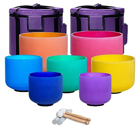 CALM CLANG 432hz Crystal Singing Bowl Healing 6-12inch Set of 7 Colored for Meditation Yoga Heart Chakra Singing Bowls Heavy Duty Carrying Case Rubber Mallet Suede Striker O ring