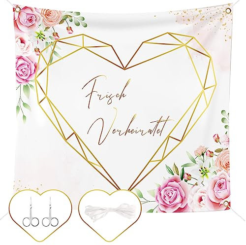 Hochzeitsherz zum Ausschneiden mit 2 Scheren 200x180cm Frisch Verheiratet Laken Hochzeit Bettlaken Just Married Hochzeitslaken Boho Stil Hochzeitsspiel für Braut Bräutigam Standesamt Überraschung