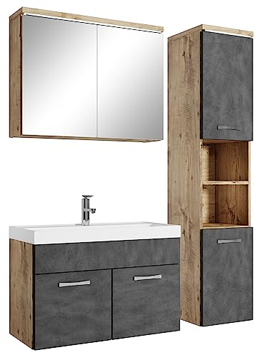 Badezimmer Badmöbel Set Paso LED 80cm Waschbecken Kastanien Eiche mit Dunkle Grau - Unterschrank 1x Hochschrank Waschbecken Möbel
