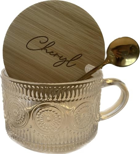 Engraved Bamboo Lid Clear Vintage Glass Coffee Mug & Spoon Personalised Custom 450ml/16oz Cup with Handle for Coffee, Tea, Overnight Oats