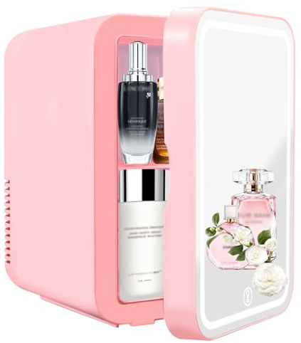SHTALHST Mini Fridge With LED Mirror, 8L/8can, Mini fridge for Bedrooms, AC/DC, Skincare Fridge, for Skincare, Drinks, Makeup and Food, Bedroom,Car and Office, Pink