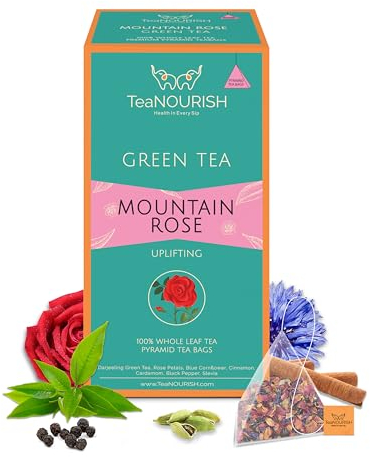 TeaNOURISH Mountain Rose Green Tea | 20 Count Pyramid Tea Bags | Whole Leaf Tea | Blended with Rose Petals, Blue Cornflower & Cinnamon | 100% NATURAL INGREDIENTS