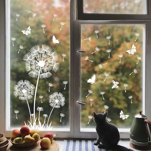 Supzone Adesivi Finestra Vetrofanie per Finestre con Motivo Fiori di Tarassaco, Pellicola per Vetri Finestre Decorativa, Sticker Statico Anti-Collisione per Camera da Letto, Soggiorno e Porte Finestre