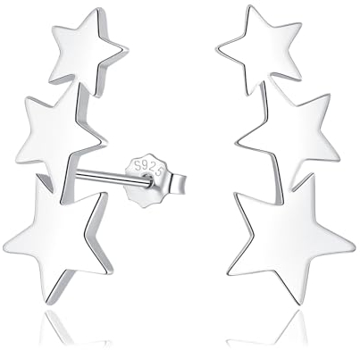 Cangall Pendientes de tuerca de plata de ley 925 con estrella triple para mujer, aretes de plata de ley 925, pequeños escaladores de estrellas para niñas, aretes planos de estrella de oruga, Plata
