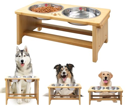 HTB Raised Dog Bowls With Stand, Bamboo Elevated Dog Bowls for Large Medium Small Size Dogs, Bamboo Pet Food And Water Feeder With 2 Stainless Steel Bowls - 17.32 L*9.45 W*7.1 H