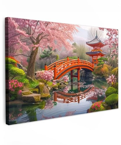 MuchoWow© Leinwand Bilder Klein 30x20 cm Mini Wanddeko Wohnzimmer Aesthetic Room Decor Deko Zimmer Wandbilder Modern Fotogeschenke Japanischer Garten - Kirschblüte - Brücke - Sakura-Bäume - Japan