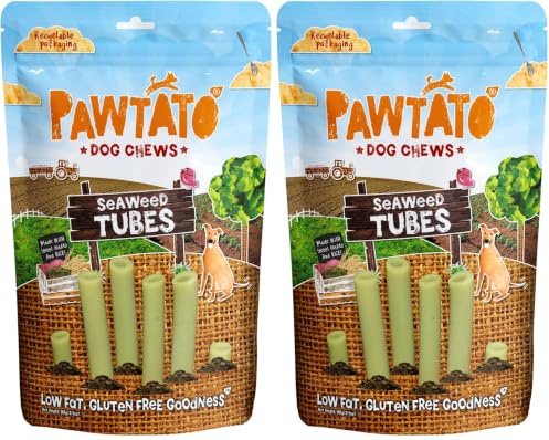 Pawtato Vegan Dog Chews Seaweed Sticks. Natural rawhide alternative dog treat. Low fat, plant based, hypoallergenic, sweet potato and rice chews 90g (Pack of 2)