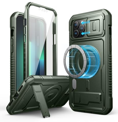 Dexnor Magnetic Bumper Case for iPhone 12 Pro Max, MagSafe Comapitble, Heavy-duty Shockproof Full-body Rugged Protective Cover with Kickstand & Camera Cover & Screen Protector - Army Green