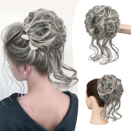 Sofeiyan Haarteil mit Gummiband Gelockt Dutt Haarteil Mit Haaren Hochsteckfrisuren Synthetisch Messy Bun Haar Tousled Updo Haarteile für Frauen Mädchen, Schwarz Mix Grau Tips