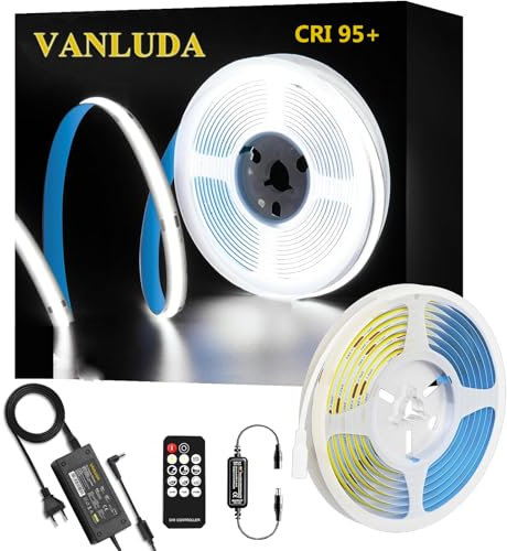 VANLUDA COB LED Streifen, 5m, CRI 95+, 6000K Kaltweiß, Dimmbar mit Fernbedienung, Energiesparend, für Küche, Schlafzimmer, Schrank und Dekoration