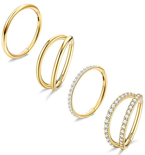 Dochais 4 Stück Nasenring Edelstahl, Nasenpiercing, Hoop Nose, Helix Set, Daith, Septum Ringe, Hoop Ohrringe für Damen Männer Gold 10mm 20G