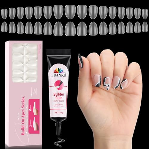EBANKU Build on Apex Natural Nail Tips, 16 Sizes 160 PCS Extra Short Almond Clear Acrylic Full Cover Press on Nail Tips with Builder Glue, Pre-applied Tip Primer & Base Coat