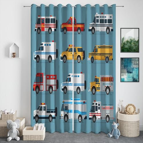 CozyRest Feuerwehrbus Blickdichte Vorhänge Schlafzimmer 214 x 91.5 cm Vorhänge Dekor Jugendliche Kinder Gaming Schiebevorhänge Cartoon-Auto Vorhänge Dekor Set of 2er Panels