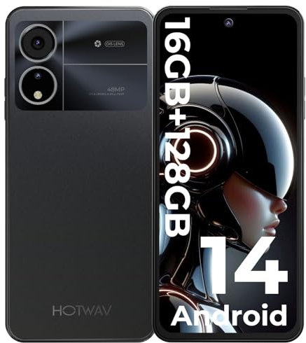 HOTWAV Note 12 2024 Téléphone Portable, 16Go (6+10) + 128 Go/TF 1To, Batterie 5160mAh, Écran 6.8 HD+ Display, Smartphone Android 14, 48MP+16MP Caméra/Octa Core/Double SIM 4G/Face ID/GPS/OTG/GPS Noir