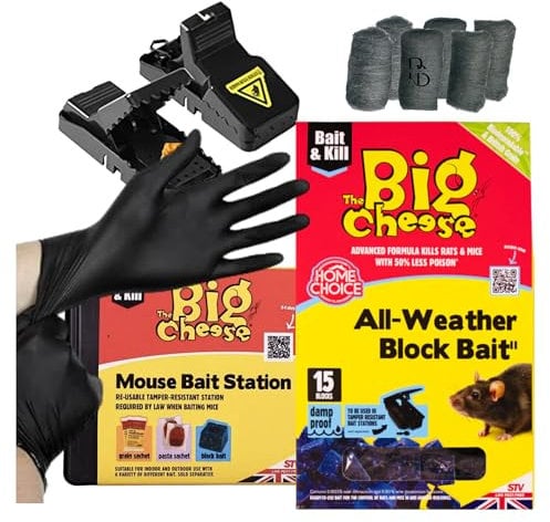 Mouse Control Kit with Big Cheese Rodent Bait – Includes 15x Difenacoum Bait Blocks, Lockable Bait Station, 2 Traps & Steel Wool Entry Blocker – Indoor Rodent Control Solution