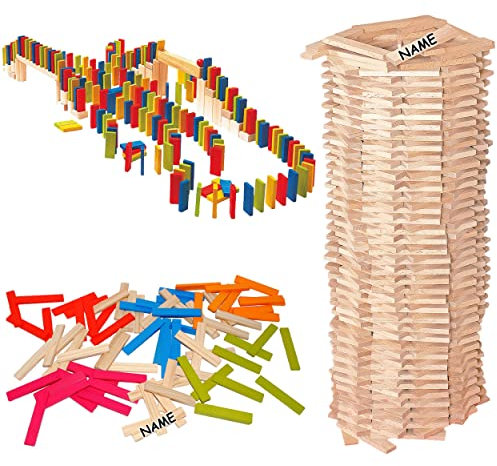 Holz Bausteine Modell & Inhalt frei wählbar XL Set 400 Stück - Holz - Bausteine - Natur & BUNT - incl. Name - ideal für Domino Rally - Bunte Steine & NA..