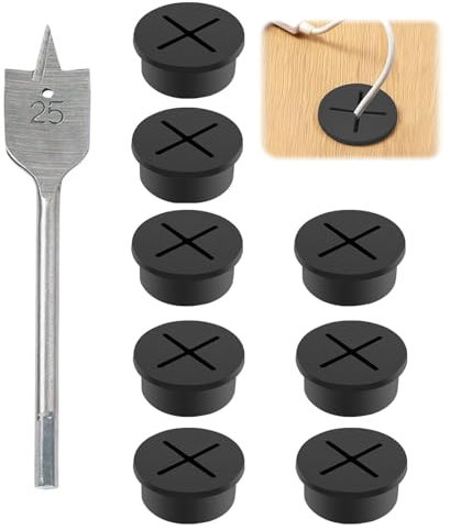 Yuqilin 8 Pièces Passe Cable Flexibles en Plastique, 25 MM Passe Cable Bureau Durable Joint Caoutchouc Rond avec Mèche 25 MM, Applicable à Bureau Maison Accessoires Lieu de Travail (Noir)
