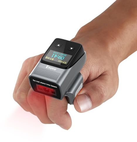Eyoyo 2D Bluetooth Ring Barcode Scanner with Screen, Mini Wearable Wireless Finger QR Bar Code Scanner Reader Inventory Compatible with iPad iPhone Android, Support Screen Scan, Left&Right-Handed Use