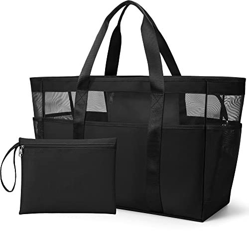 KALIDI Mesh Strandtasche XXL Familie, Strandtasche mit Reißverschluss Shopper Damen Groß Badetasche, Beach Bag Einkaufstaschen für Reisen Einkaufen und Alltag (Schwarz-XXXL)