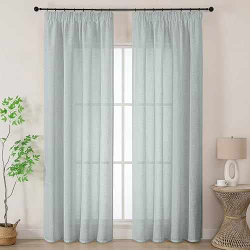 Joydeco Leinen Gardinen mit Kräuselband Grau Blau Vorhänge Wohnzimmer Modern Boho Leinenoptik Gardine Halbtransparent Vorhang für Schienensystem Curtains Bedroom 2er Set H 225 x B 140 cm