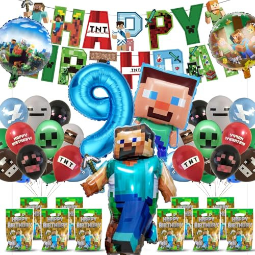 Fizdoqg Gaming Birthday Decorations 9th Happy Birthday Balloons with Banner und Gift Bags Pixel Balloons for Boys Miner Gaming Party Supplies, Party Bag Fillers, Pinata