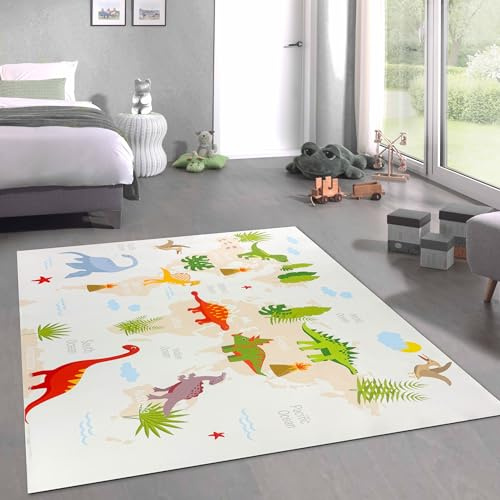 CARPETIA Kinderteppich Dinosaurier T-Rex Weltkarte Beige 160x220 cm | Rutschfest, pflegeleicht, strapazierfähig, hautsympathisch und saugrobotergeeignet, OEKO-TEX geprüft, für Fußbodenheizung