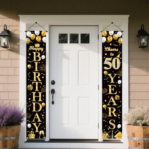 Banner 50 Geburtstag Deko Schwarz Gold- 2 Stück 50 Jahr Geburtstagsdeko Happy Birthday Türbanner, Stoff Geburtstagsbanner für 50. Frau Männer Geburtstagsfeier Dekoration