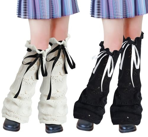Junely 2 Pairs Leg Warmers for Women Kawaii Leg Warmer Cute Legwarmers Japanese Socks Halloween Goth Emo Gyaru Accessories, Black White With Bows, One Size