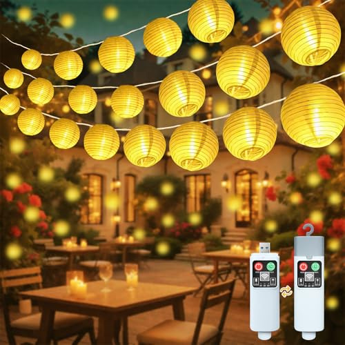 YIFMOO Lampions Lichterkette Batterie, 6M 20LED Lampions Außen Wetterfest mit 8 Modi & Timer, Laterne Lichterkette IP65 Wasserdicht, Led Lichterkette Außen für Innen Balkon Hochzei Garten Deko
