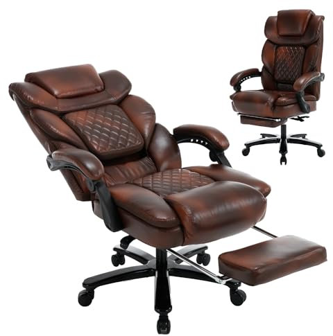 KCREAM Bürostuhl 200kg Belastbarkeit, Ergonomischer Chefsessel mit Fußstütze, PU Leder Großer Bürostuhl Drehstuhl mit Rollen, Chefsessel mit Verstellbarer Lendenwirbelstütze, Braun