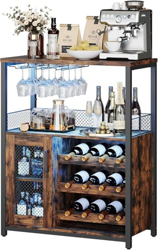 Garvee Weinschrank Weinregal Industrial mit Led Licht Barschrank mit Verstellbarem Weinregal und Glashalter Getränkeaufbewahrung Weinbarschrank für Küche Esszimmer Wohnzimmer 70x35x92cm Retro