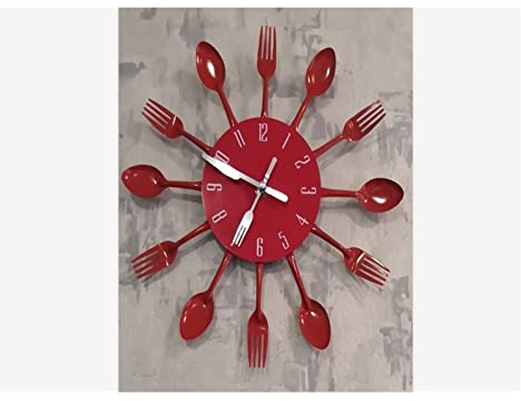 KJUEQ Décorations for la Maison Silencieux en Acier Inoxydable Couverts Horloges Couteau Et Fourchette Cuillère Horloge Murale Cuisine Restaurant Décor À La Maison Rouge