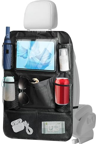 JRILUO Organisateur Voiture Enfant avec Support Tablette, Rangement Siège Arrière Imperméable Oxford Noir 41×61cm, 10 Poches pour Jouets, Bouteilles, Livres, Voyage en Famille et Long Trajet