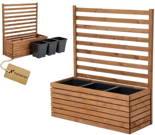 Pflanzkübel mit Rankgitter Spalier mit Pflanzkasten Blumenkasten aus Holz für Garten Balkon Terrasse Hochbeet mit 18L Kunststoff-Pflanzeneinsatz (horizontal-braun, 98x36x35 H115)