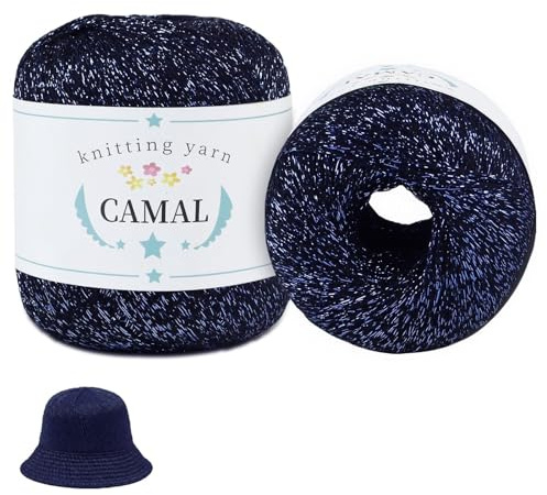 CAMAL 2 Stück Metallic Häkelgarn Dünn Garn 200m x 2 Glitzer Baumwolle zum Häkeln, Metallic Baumwollgarn zum Häkeln für Kleidung, Mützen, Schals, DIY-Projekte (Königliches Blau)