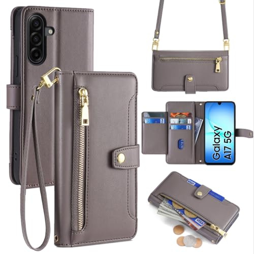 Handykette kompatibel mit Samsung Galaxy A17 | Leder Handyhülle mit Kartenfächern | Handyhülle zum Umhängen | Grau