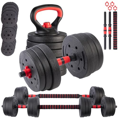 PEARL Sports Hantelset: 3in1-Kurz- und Langhantel-Set mit Kettlebells, 20 kg, Sternverschlüsse (Hanteln Set, Kettlebell verstellbar, Gewichten)