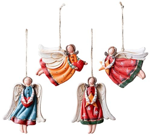 Fictory Juego de 4 adornos de ángel vintage, decoración colgante de árbol de Navidad, figuras de ángel rústicas para decoración del hogar de vacaciones