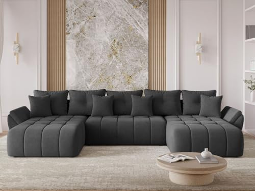 GRAINGOLD Decor U Ecksofa modern mit Bettfunktion, 382x192 cm, U-Form Sofa, Schlafcouch für Wohnzimmer, Veloursstoff, 5-Sitzer Wohnlandschaft, Ecksofa mit Bettkasten (Anthrazit)